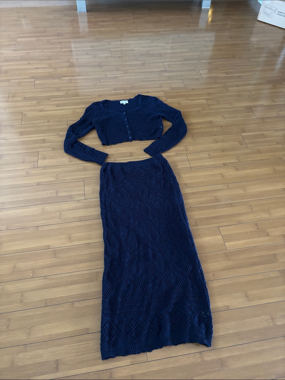 Navy Knit Maxi Skirt with Matching Crop Cardigan Set